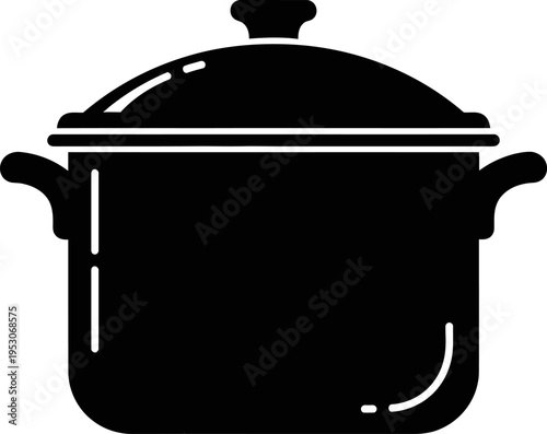 Kitchen Cooking Pot with Lid Silhouette, Stainless Steel Stockpot Icon, Minimalist Cookware Vector Illustration, Solid Black Soup Pot Outline