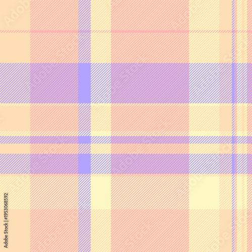 Male fabric check vector, classy textile texture pattern. Worn tartan plaid seamless background in light and peach puff colors.