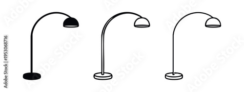 Contemporary arc floor lamp icons set. Stylish standing light fixture symbol in flat and outline styles isolated on white background.
