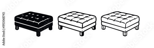 Tufted rectangular ottoman or footstool icons set. Classic upholstered furniture symbol in flat and outline styles isolated on white background.