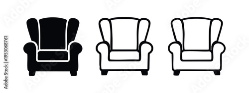 Classic wingback armchair icons set. Comfortable single-seat furniture symbol in flat and outline styles isolated on white background.