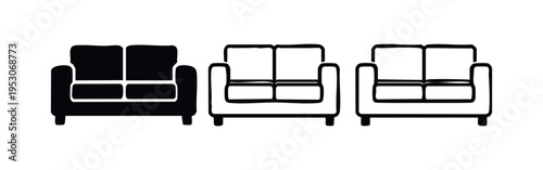 Two-seater sofa or loveseat icons set. Comfortable modern living room furniture symbol in flat and outline styles isolated on white background.