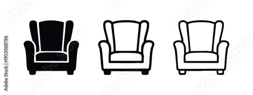 Elegant armchair icons set. Classic upholstered single-seat furniture symbol in flat and outline styles isolated on white background.