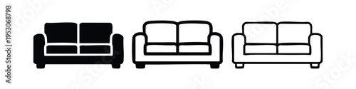 Modern two-seater sofa or couch icons set. Comfortable living room furniture symbol in flat and outline styles isolated on white background.