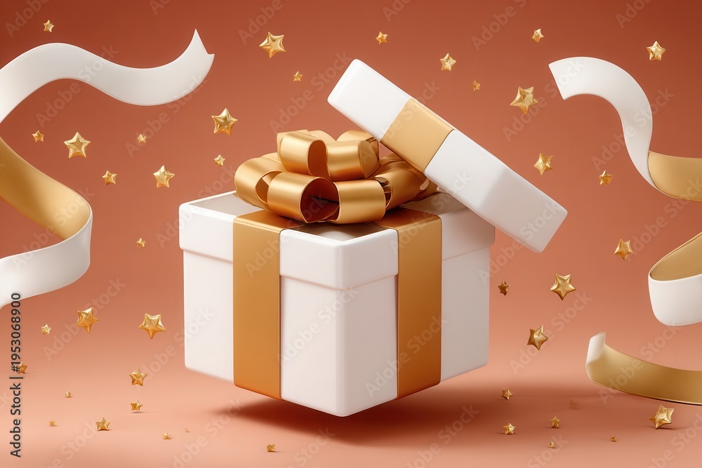 Fototapeta premium White gift box with golden ribbon and floating stars for festive celebration and luxury present