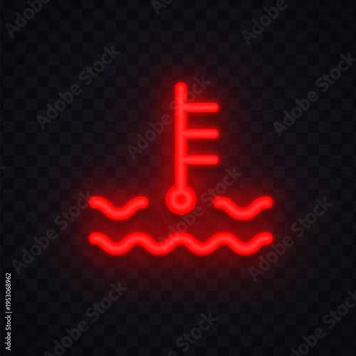 Neon coolant temperature warning icon with glowing red design. Automotive symbol showing overheating and liquid system alert. Perfect for dashboard signals and engine monitoring.