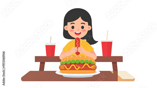 Cartoon illustration of a young girl eating a delicious hot dog at a street food stand with umbrella