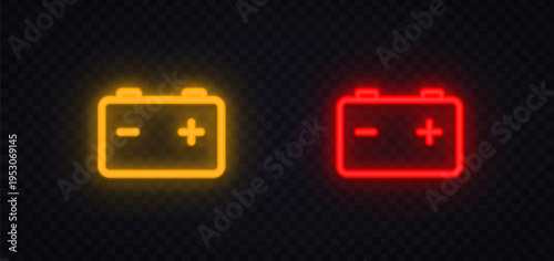 Neon car battery icons in yellow and red glowing style. Bright automotive symbols showing charge status and warning alerts. Perfect for dashboard interface