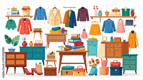 Large collection of home furniture and clothing items including dressers tables jackets and decor for organization and interior design vector illustration