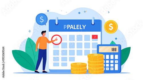 Professional flat vector illustration of a man planning budget with calendar calculator and gold coins for financial management concept isolated on white background