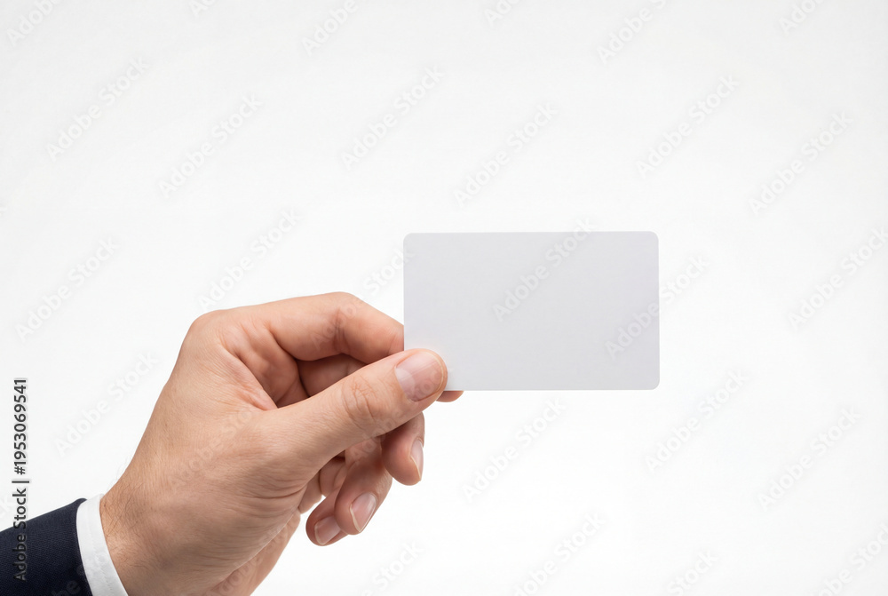 Fototapeta premium Man in a suit holding a blank white gift card or business card