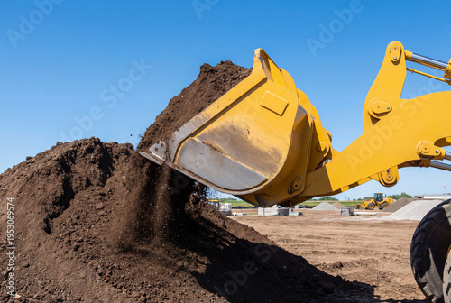 Close up of a yellow wheel loader bucket digging and moving a large pile of soil