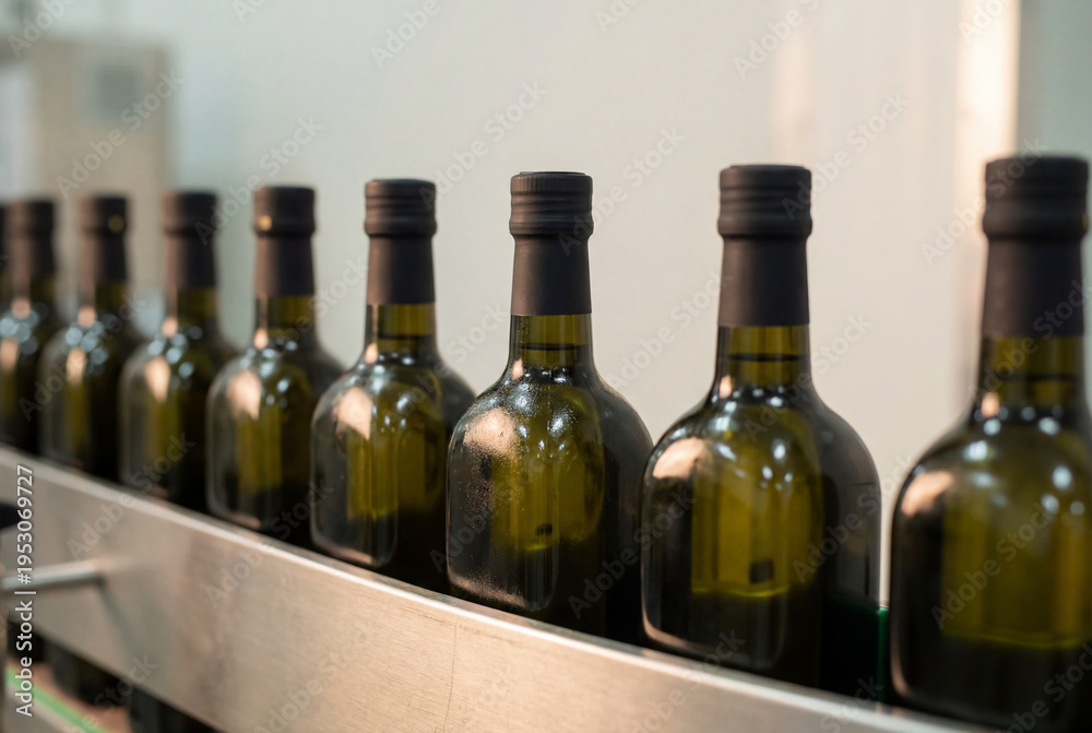 Obraz premium A line of glass bottles moving on a conveyor belt in a modern factory production line
