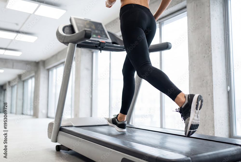 Fototapeta premium Close up of a fit woman running on a treadmill in a modern gym for cardio workout