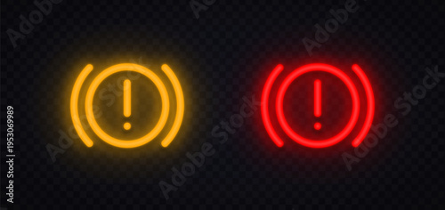 Neon brake warning icons with exclamation mark in glowing circle. Bright automotive alert symbols for critical system status. Perfect for dashboard signals and safety notifications.