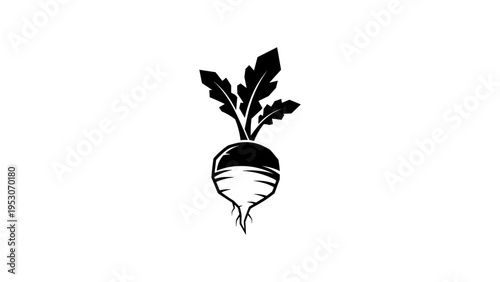 Bold silhouette of beetroot with leaves on white background