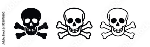 Skull and Crossbones Danger Icon Set. Poison Warning Symbol Vector Illustration. Toxic Hazard Sign Doodles.
