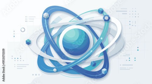 Abstract atom model with orbiting electrons and nucleus in blue and white tones