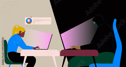 A dangerous online predator posing under a fake identity manipulates and deceives a young girl through digital communication, highlighting the risks of cybercrime, online grooming, and internet safety