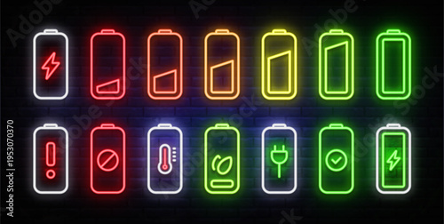 Neon battery indicators with various charging stages and status symbols. Bright glowing energy icons on dark brick wall background. Ideal for electricity