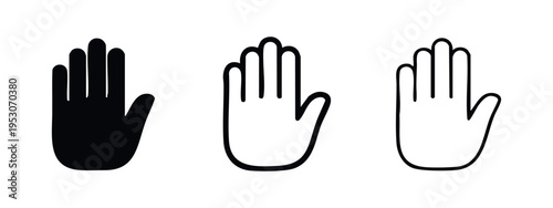 Stop hand gesture icon set. Human palm symbol for prohibition, warning, and refusal.
