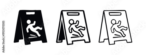 Wet floor sign icon set. Slippery caution symbol with a falling person for safety warnings.
