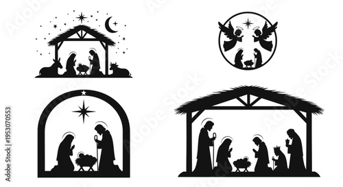 Black silhouettes of nativity scenes on a white background for Christmas and religious concepts