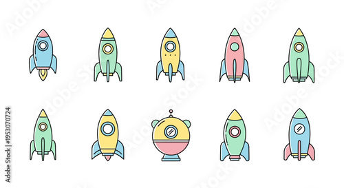 Colorful cartoon rocket ship icons.