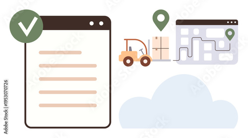 Supply chain management, order tracking, delivery logistics, freight services, digital inventory, warehouse navigation. A checklist, forklift with a package and a location map. Supply chain
