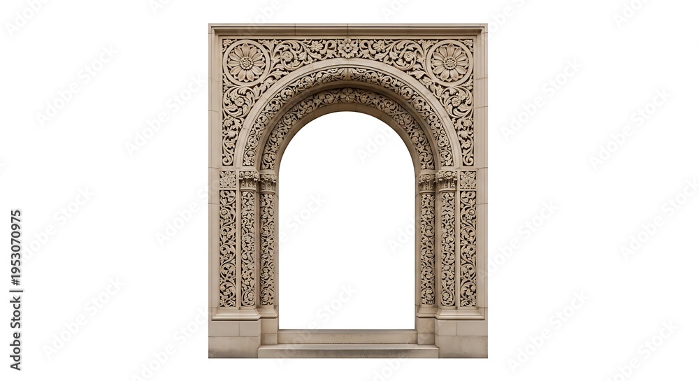 Fototapeta premium Intricately carved stone archway isolated on a white background, featuring floral designs