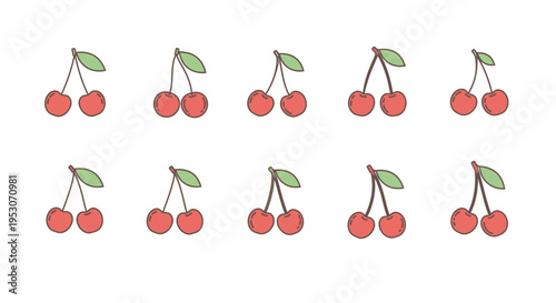 Fresh ripe cherries with green leaves.