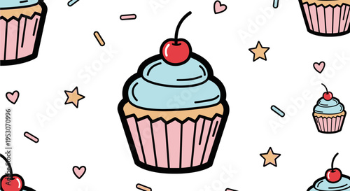 Colorful cartoon cupcake with cherry on top.