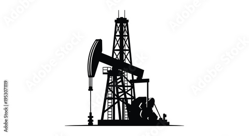 Silhouette of an oil pumpjack drilling rig in a black industrial landscape
