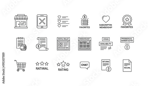 Mobile storefront interface, product comparison table, favorites heart list, subscription membership badge, digital wallet payment