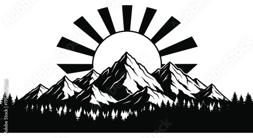 Silhouette of majestic mountains with sunburst behind peak serene landscape