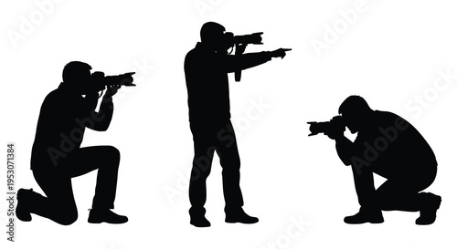 Three photographer silhouettes capturing moments in different poses silhouette