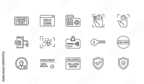 Online authorization ticket, sign in form window, biometric palm scan, digital door controller, scan code square, contactless card