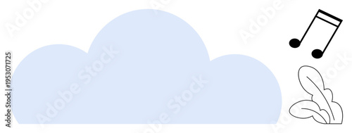 Creativity, imagination, artistic , music, online storage, cloud-based platforms. A light blue cloud, black music notes and a feather. Creativity and imagination concept
