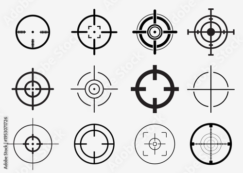 Sniper crosshair reticles collection, black tactical scope aim icons isolated background