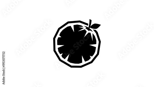 Minimalist silhouette of tomato slice with leaf on white background