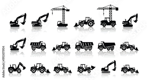 Variety of heavy construction equipment and machinery depicted in black and white icons