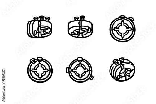 A collection of six minimalist line art icons depicting a mechanical