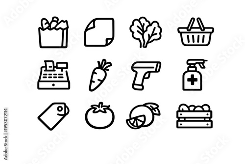 A collection of twelve minimalist line art icons representing grocery