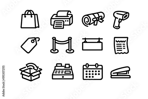 A collection of twelve minimalist black line icons representing