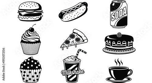 Assorted black and white fast food and dessert illustrations