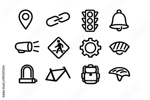 A collection of twelve minimalist black line icons representing