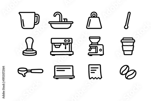 A collection of twelve minimalist black line icons representing