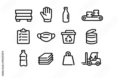 A collection of twelve minimalist black line icons representing