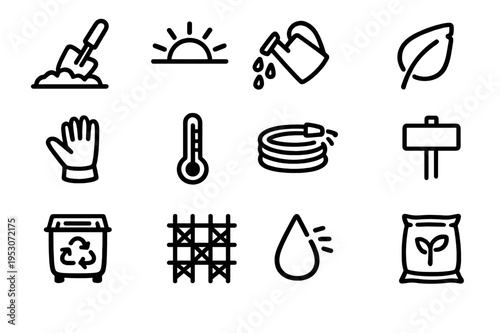 A collection of twelve minimalist black line icons representing