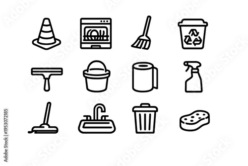 A collection of twelve minimalist black and white line icons